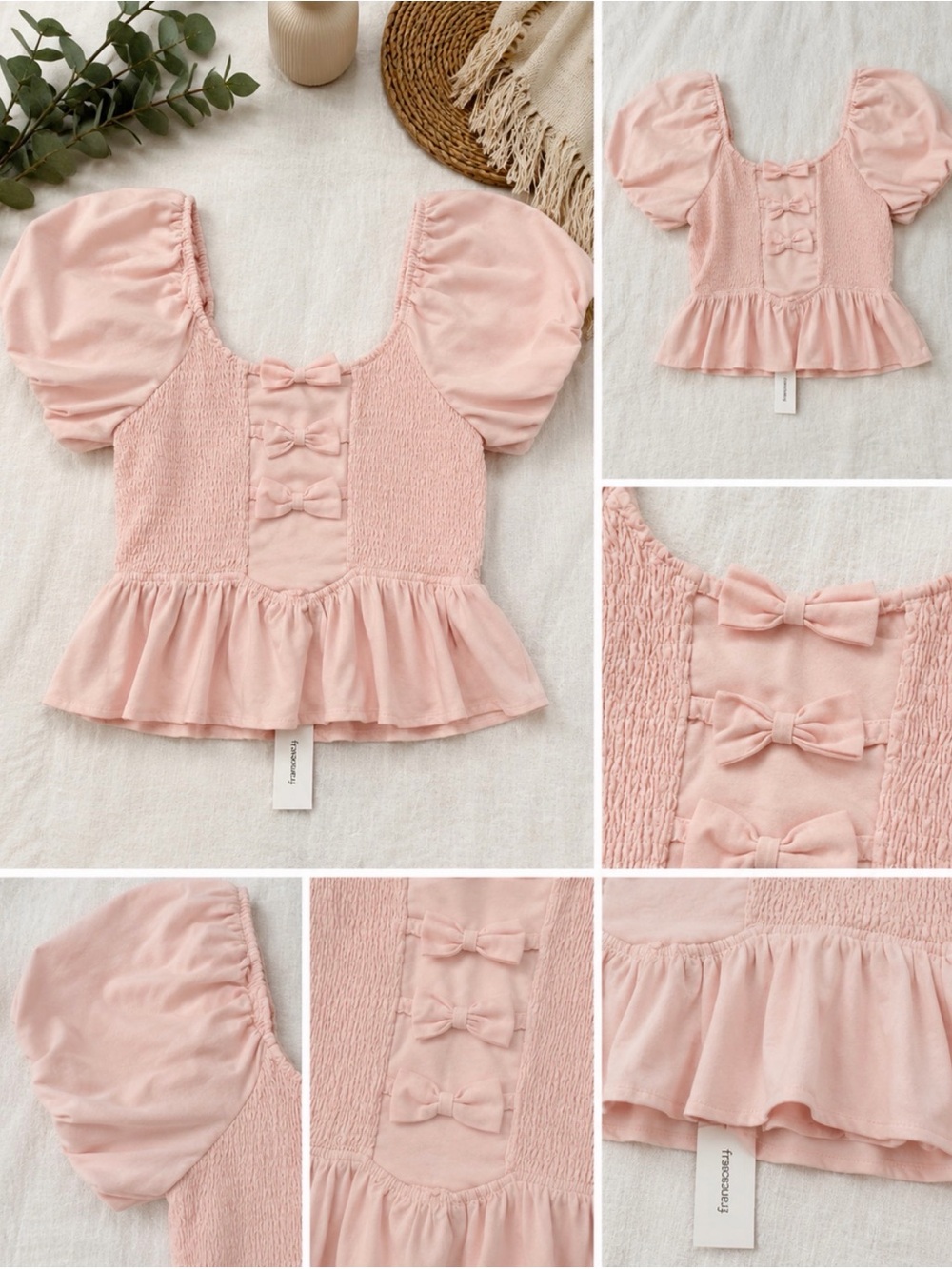 Francesca’s  Smocked Puff Sleeve Peplum Top - Light Pink